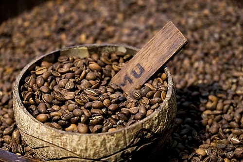 Brussels, Belgium. Roasted coffee beans for sale in bin at coffee shop Coffee Print